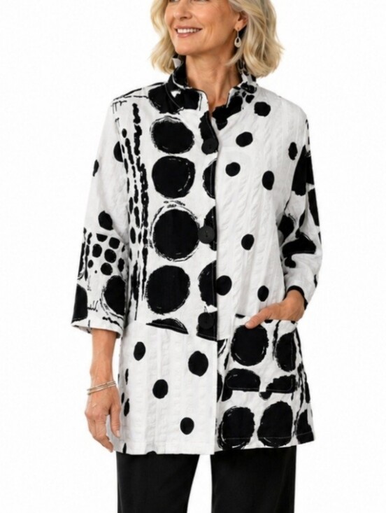 Damee Tops - Damee Tunic Top Medium Black White Polka Dot Textured Art To Wear Jacket Shirt